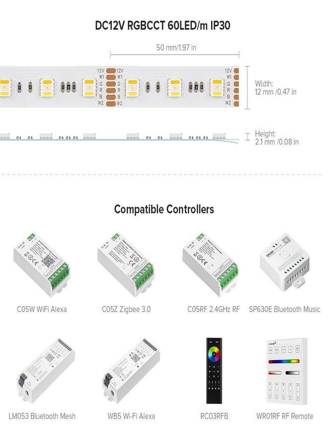 BTF-LIGHTING شريط إضاءة متعدد الألوان من BTF-LIGHTING RGBCCT، 5 ألوان في 1، LED 5050SMD RGBWW RGB+، قابل للتعتيم، درجة حرارة لون قابلة للتعديل من 2700K إلى 6500K، طول 16.4 قدم، 60 مصباح LED/متر، 300 مصباح LED، يعمل بجهد 12 فولت تيار مستمر، مقاوم للماء والغبار IP30، لوحة دوائر بيضاء (بدون محول أو وحدة تحكم). - Image 3